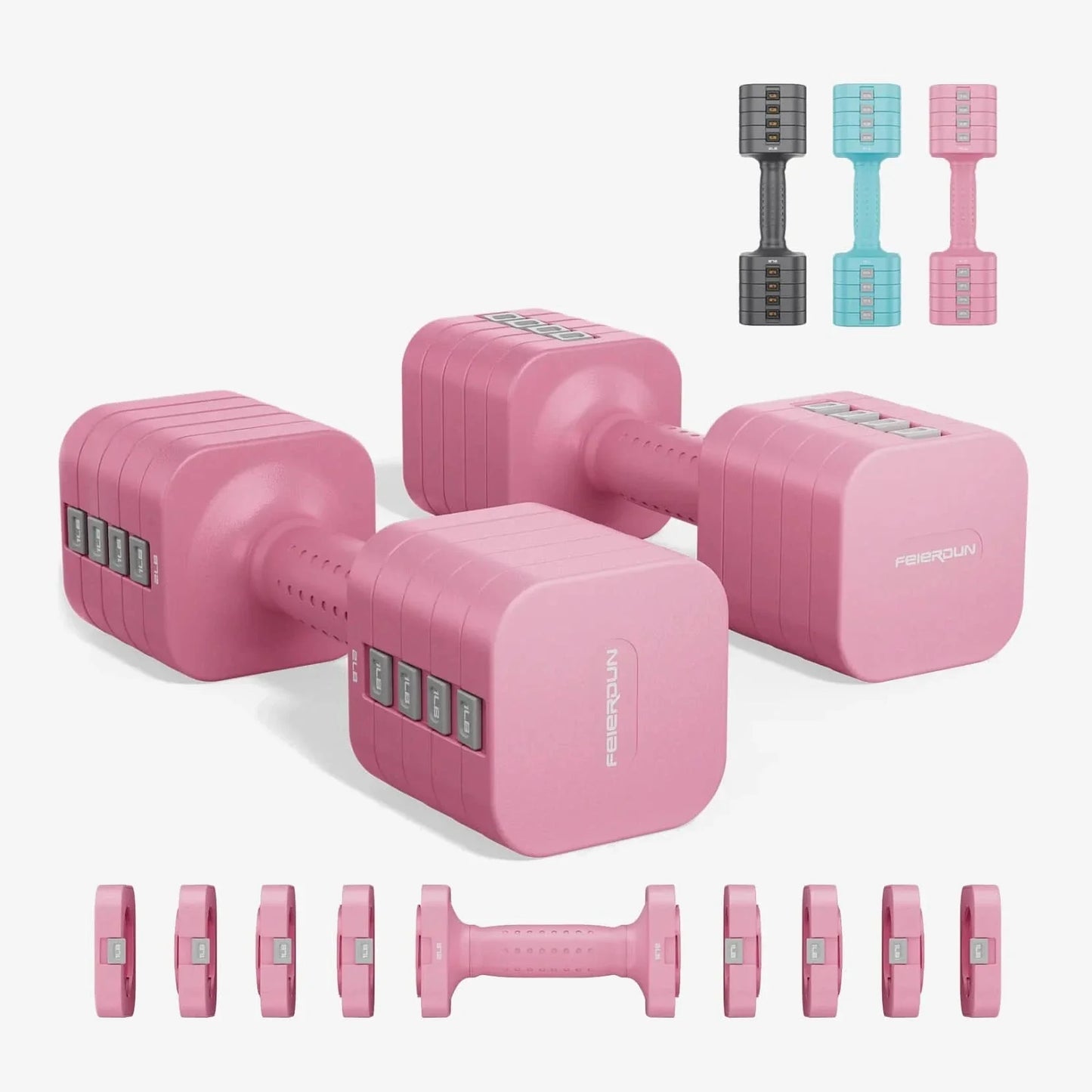 Pink dumbbells with additional pink weight plates on a white background