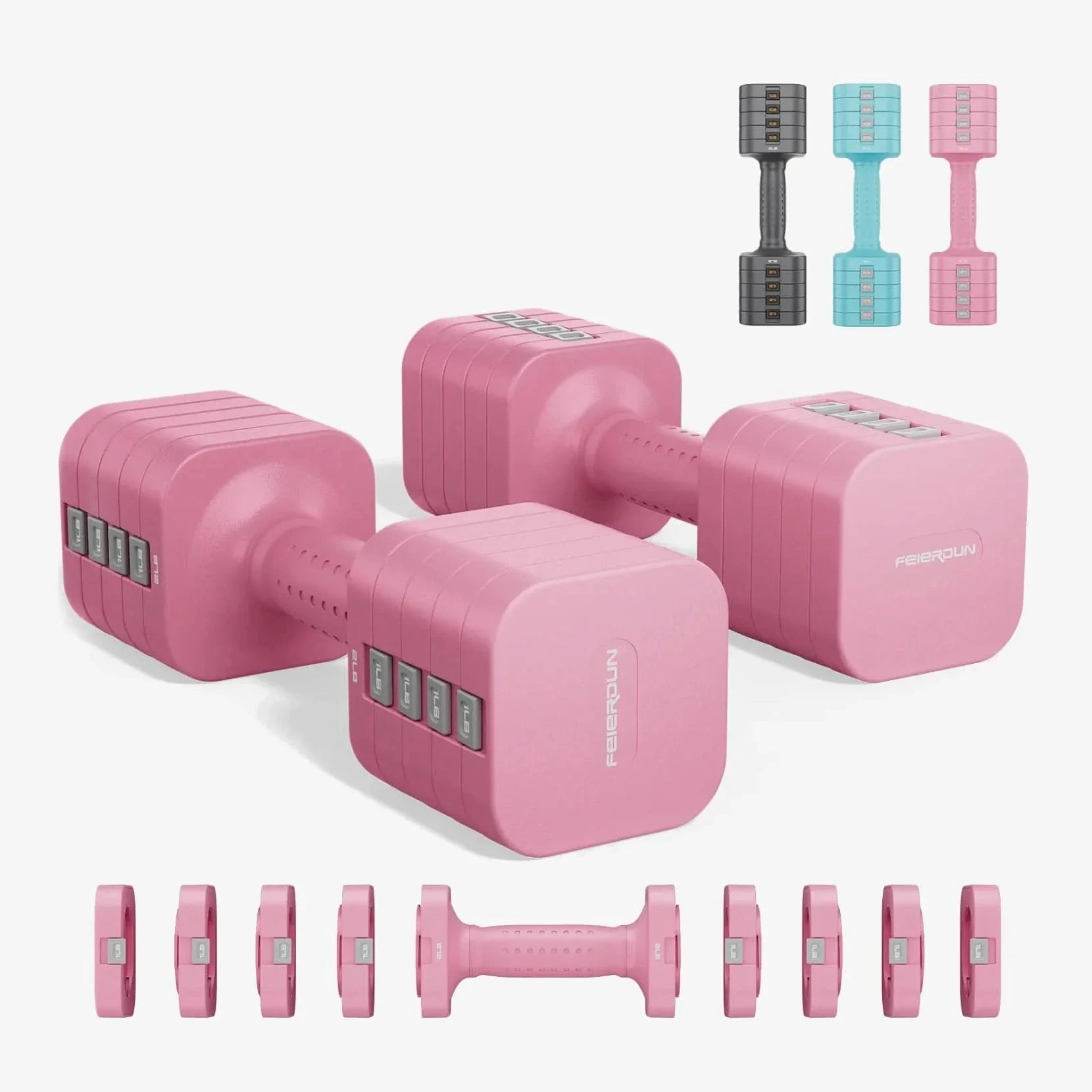 Pink dumbbells with additional pink weight plates on a white background