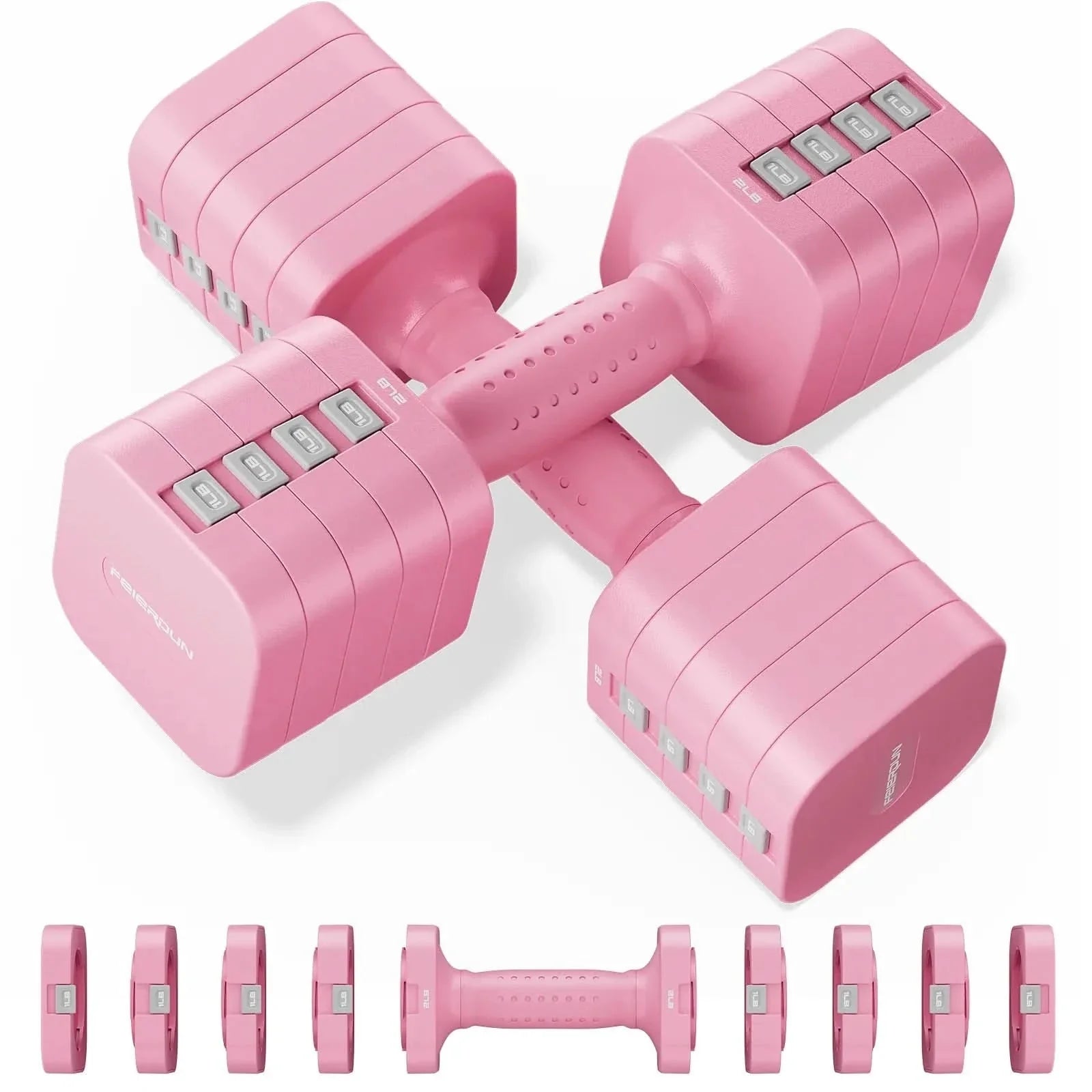 Set of pink dumbbells with adjustable weights on a white background