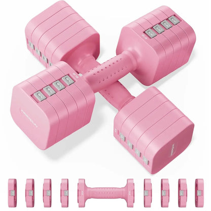 Set of pink dumbbells with adjustable weights on a white background