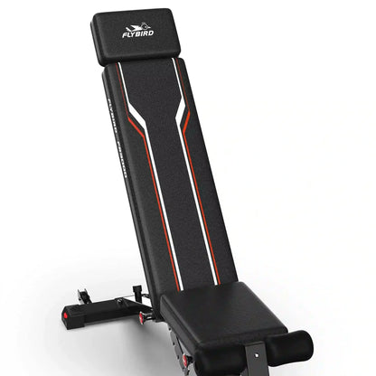 Black gym bench with red accents on a white background