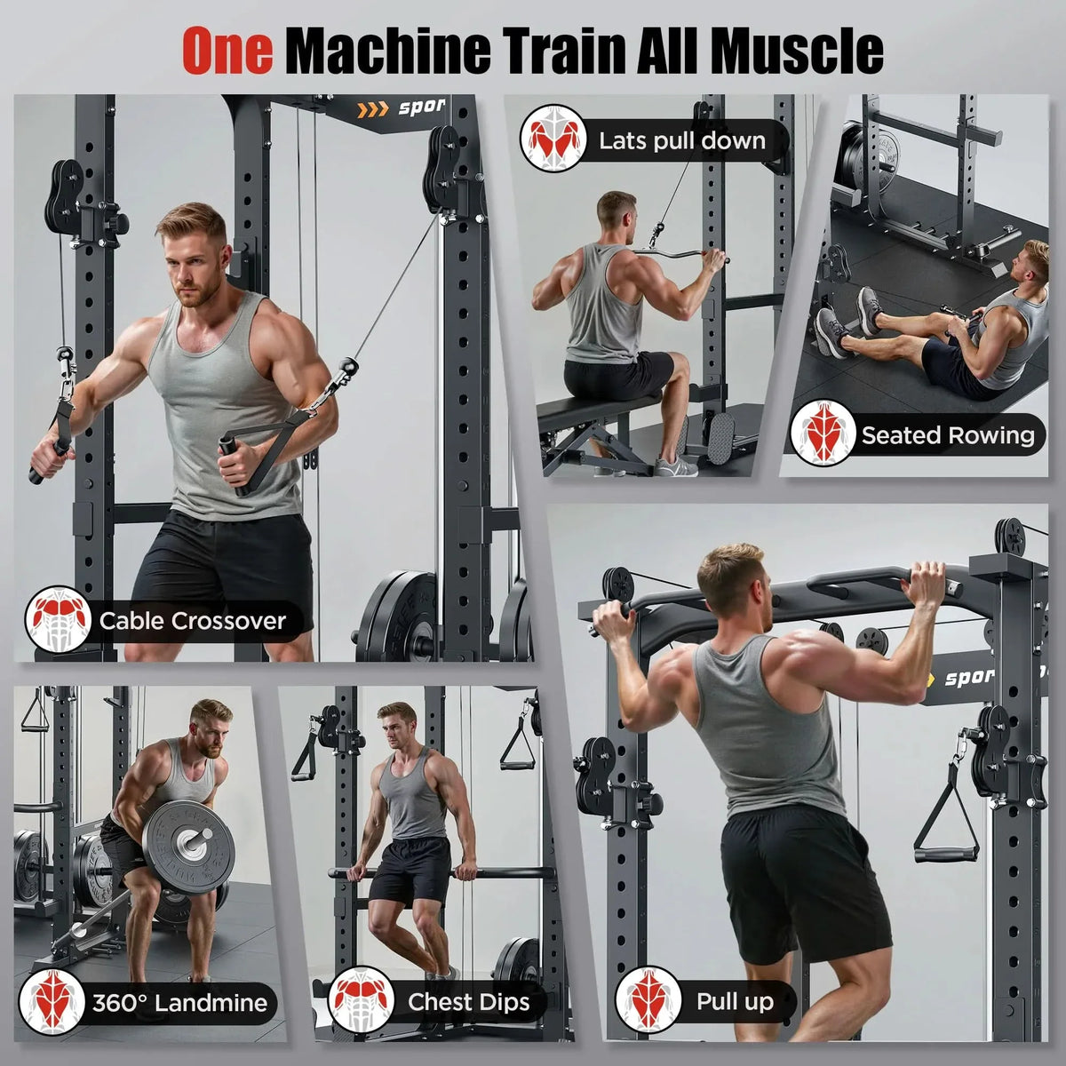 Fitness machine with various exercises demonstrated by a man, including cable crossover, seated rowing, and pull-ups.