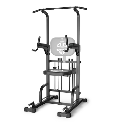 Black home gym exercise station with various attachments on a white background