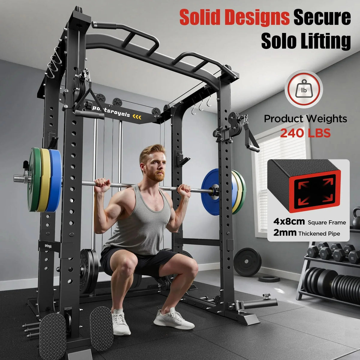 Man using a power rack with weightlifting equipment in a gym setting