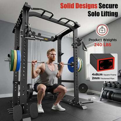 Man using a power rack with weightlifting equipment in a gym setting