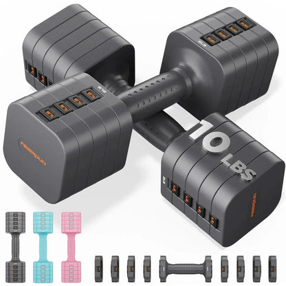 Pair of adjustable dumbbells with weight markings on a white background