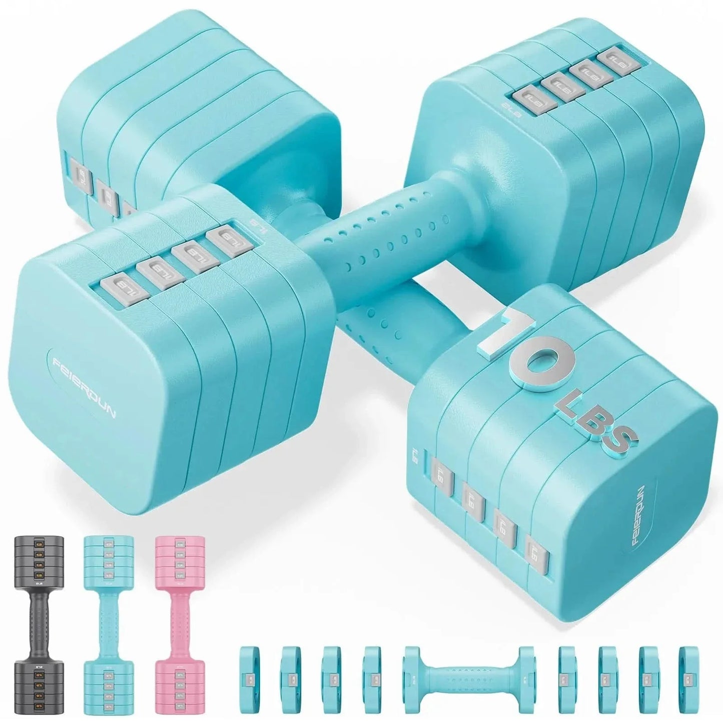 Pair of turquoise dumbbells with interchangeable weight plates on a white background