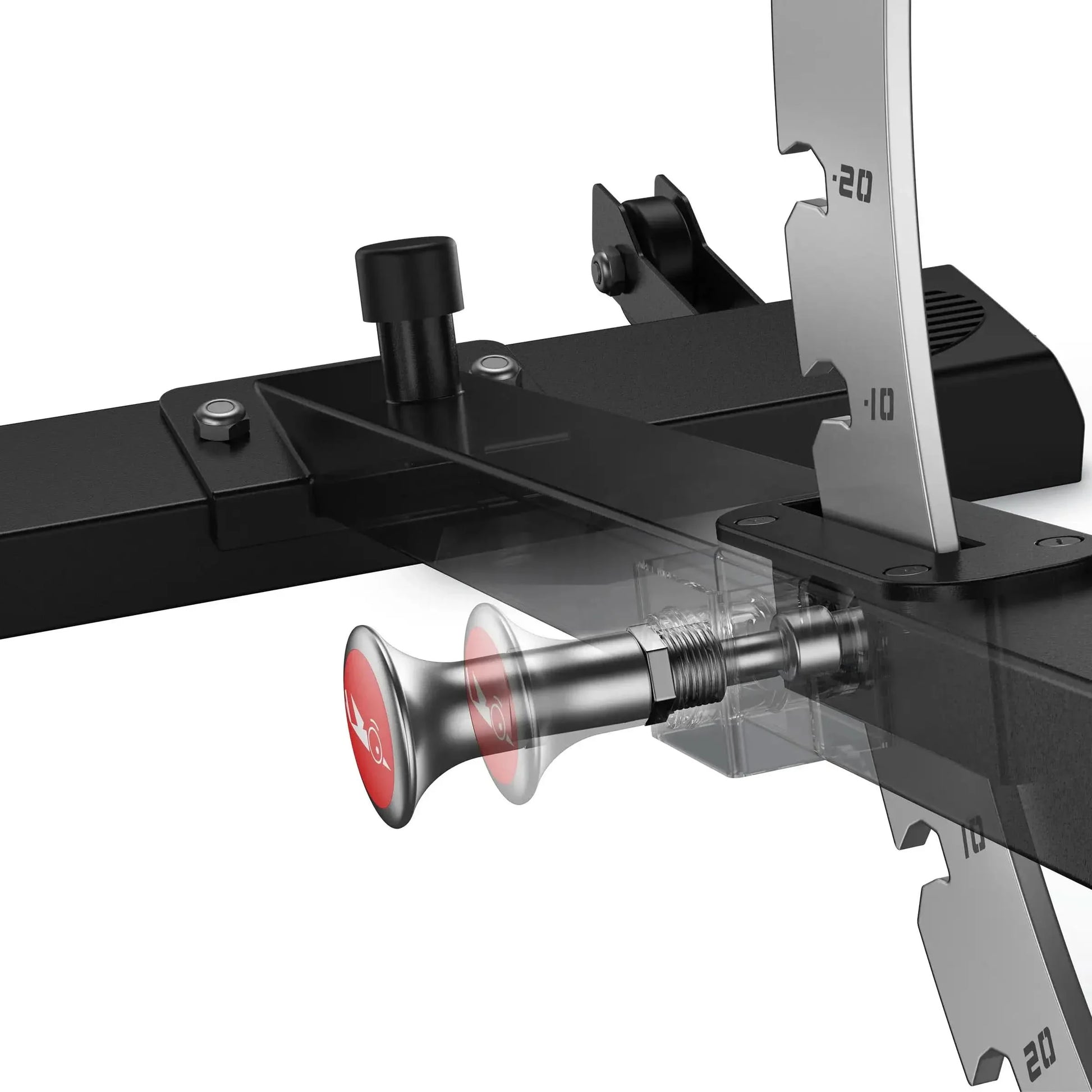 Close-up of a mechanical device with a red button on a white background