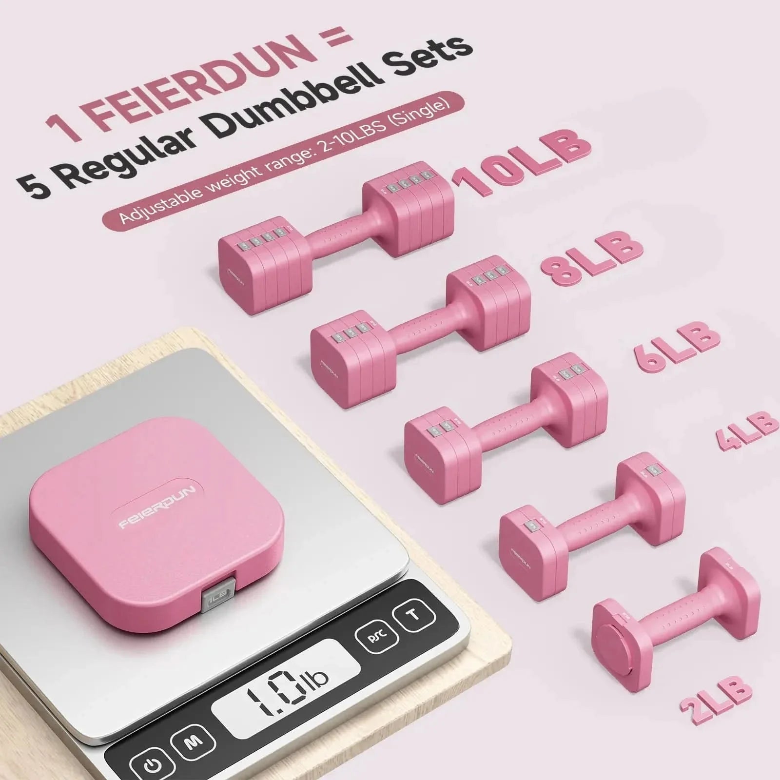 Set of pink dumbbells with weight indicators on a digital scale against a light pink background.